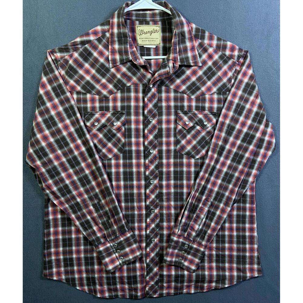Wrangler Men's Pearl Snap Long Sleeve Shirt XL Red Black Plaid Western Cowboy EC
